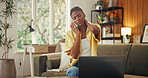 Phone call, stress and black woman in home with neck pain, injury and consulting for telehealth. Remote work, overworked and person with strain, pressure or tension on cellphone for healthcare advice