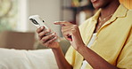 Phone, scrolling and hands of woman in home with networking, communication or texting on app. Technology, typing and female person with cellphone for chatting, research or email in living room.