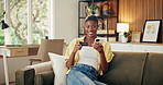 Phone, credit card and black woman on sofa in home with online shopping, ecommerce or internet banking. Technology, debit and female person with cellphone for order on retail website in living room.