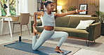 Stretching, fitness and black woman in home living room with tablet for online tutorial, exercise and blog. African person, tech and lounge for yoga, wellness and health for self care in house