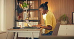 Remote work, laptop and black woman in home office with headset, helpline or crm service in call center. Freelancer, talking or consultant with mic, online inquiry or feedback in customer support.