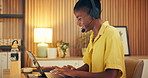 Call center, laptop and black woman in home office with mic, advisory or crm service in remote work. WFH, talking or consultant in house with headset, online inquiry or feedback in customer support.