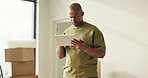 Tablet, concern and black man in new home with moving for online shopping, planning or delay for furniture order. Digital technology, worry and person with ideas for living room renovation and glitch