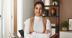 WFH, face or woman in home office with arms crossed, laughing or good mood as finance advisor. Portrait, smile or investment consultant with confidence, joke reaction or happy moment in remote work.