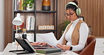 Woman, document and laptop in home office with headphones, music and data analysis for remote work. Audio tech, contractor and person typing with computer, paperwork and graphs for statistics report.