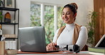 Virtual assistant, online meeting and woman with laptop in home office, remote work or communication. Freelancer, video call and person with tech, consultant and talk with contact on web in house