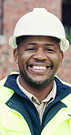 Happy, black man and engineer with face for construction, career pride or about us for architecture. Portrait, male person and hard hat outdoor for safety, positive attitude and building development
