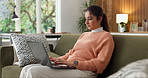 Remote work, review or woman in house with laptop, portfolio check or funding track in finance report. WFH, digital or asset advisor with tech, budget forecast or evaluation of client investment.
