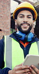 Tablet, man and face on construction site with developer for building, renovation project or repairs. Portrait, feedback and civil engineer with digital tech for inspection update or risk assessment