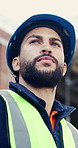 Thinking, planning and man with inspection at construction site, infrastructure and remodeling idea. Outdoor, property renovation or architect with check for maintenance progress, below or reflection