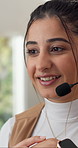 Telemarketing, smile and woman with headset in house, freelancer and discussion with contact on web. Remote work, agent and happy person with mic for communication, lead generation and sales in home