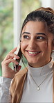Smile, woman and phone call in home with conversation  for social media, talent agent or schedule. Freelancer, influencer marketing and person with tech for client, communication or ad campaign