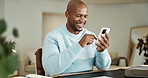 Phone, smile and black man in home with texting, chatting or social media on mobile app. Happy, technology and African male person with cellphone for communication, networking or contact in apartment