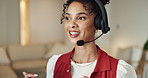 Headset, talking and businesswoman in office with virtual assistant, crm or help desk for consultation. Mic, contact us and female technical support agent with customer care, advisory or service.