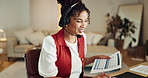 Headset, woman and virtual assistant with paperwork in home for remote work with online query. Mic, freelancer and female receptionist with documents and computer for crm, help desk or advisory.