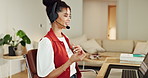 Headset, talking and businesswoman with laptop in office with virtual assistant, crm or help desk. Mic, contact us and female technical support agent with computer for customer care in workplace.