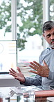 Man, discussion and presentation in office with screen, demographic stats and charts for advertising. Meeting, mature person speaking or workshop with monitor, brand awareness or target audience data