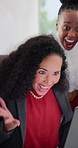 Success, wow and business women with laptop in office for good news, financial target or bonus. Computer, excited or celebrate milestone with shocked team, applause or high five for revenue goal