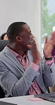 Businessman, clapping and success with laptop in office for good news, financial target or bonus. Computer, excited or celebrate company performance with team, applause or pointing for revenue goal