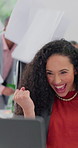 Celebration, laptop and businesswoman throw paper for good news, financial target or salary increase. Wow, excited worker and success with tech for fist pump, clapping or revenue goal in office