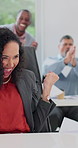Surprise, office and business woman with fist pump for good news, financial target or throw paper. Wow, excited and celebrate company performance with team, achievement or clapping for revenue goal