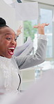 Win, laptop and businesswoman throw paper for promotion, financial goal or salary increase. Wow, excited worker and celebration with computer for fist pump, clap or shock for revenue growth in office