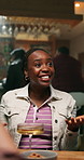 Pub, woman and talking with friends, smile and socializing with communication for connection at night. Bar, happy person and conversation to share story, weekend hangout and relax with gossip