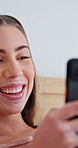 Laugh, phone and woman typing in home for internet communication, text message or meme. Mobile, smile and person at apartment with app for online connection, funny joke or humor on social media