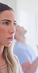 Ignore, woman or couple with conflict on bed with cheating confrontation, toxic or manipulation. Annoyed wife, people or argument in home for marriage infidelity, gaslighting or avoid truth in series