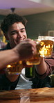Celebration, cheers and friends in pub with beer, happy reunion and good time on weekend. Social gathering, smile or man with drinks toast, bonding party or get together in healthy relationship.