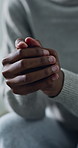 Hands, nervous and person fidget with anxiety, restless and emotional distress for mental health. Worry, stimming or coping mechanism for anticipation, psychological stress and panic attack with ptsd