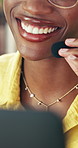 Mouth, headset and woman in home for remote work, virtual assistance and customer service. Happy, consultant and person on laptop for communication, contact and online consulting for crm support