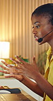 Laptop, headset and black woman in home for remote work, virtual assistance and customer service. Happy, night and person on computer for communication, contact and online consulting for support