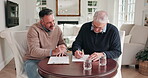 Agent, man and sign document in meeting for buyer agreement, legal disclosure or deed of sale. Realtor, mature people and signature in home for authorization form, property transaction and contract