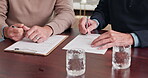 Hands, agent or old man with document signature in home for medicare form, compliance or meeting. Contract, insurance broker and senior client sign for retirement policy, long term care and approval