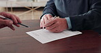Agent, writing and hands of old man with form for health coverage, medicare policy or information. Retirement, insurance broker and senior client with application for medical history, survey or home