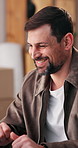 Laugh, laptop and man in office for distribution, supply chain and shipping for delivery startup. Business, happy and person on computer for inventory, logistics and online order for courier service