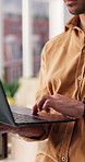 Logistics, hands and man with laptop in startup for order update, courier site review or ecommerce. Small business owner, scroll and tech for delivery status, email client invoice and track shipment