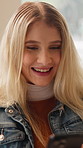 Reading, message and happy woman with phone in cafe, networking or communication with contact on web. Restaurant, customer and internet connection for chat, online and person with smile for mobile