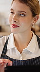 Tablet, thinking and woman in coffee shop for online orders, inventory check and cafe website. Restaurant, hospitality and person on digital tech for stock checklist, schedule and planning menu
