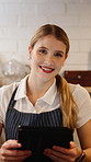 Tablet, face and woman with smile for coffee shop, friendly service and hospitality in restaurant. Happy, cafeteria and portrait of person on tech for online order, stock inventory and website review