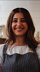 Laugh, face and woman with smile for coffee shop, friendly service or hospitality in restaurant. Happy, cafeteria and portrait of person with confidence, pride and server for welcome, open or order