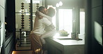 Counter, morning and couple in kitchen with hug, bonding and affection for connection in home. Happy, dating and black man and woman with embrace for relationship, commitment and trust in house