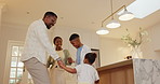 Dancing, holding hands and family in kitchen with music for energy, bonding and rhythm in home. Happy, connection and black children with parents for groove to playlist together on weekend in house.