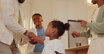 Dancing, happy and family in kitchen with music for energy, bonding and rhythm together in home. Smile, connection and black children with parents for groove to playlist on weekend in apartment.