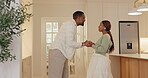Love, couple and happy with dance in home for bonding, marriage connection or rhythm. Holding hands, black people and moving together in house for feel good playlist, healthy relationship and support