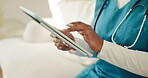 Hands, nurse and tablet in home for healthcare, patient report or telehealth app with typing. Woman, record medical info or online for caregiver schedule, agenda or medicine log with tech at house