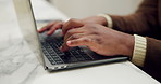 Man, hands and typing in house with laptop, remote work and research online trends for blog post. Person, browsing and freelance writer in home with computer, draft proposal and article for website.