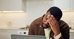 Man, stress and remote work in home with laptop, financial management issue and budget report error. Frustrated, black person or freelancer in house with computer, finance planning problem or mistake