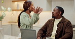 Black couple, laptop and upset with disagreement in home, angry woman and man with gambling problem. Stress, frustrated person and guilty partner with financial fail, money trouble and tech with debt